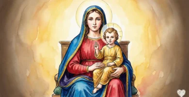 Imagen solemne de Santa María Madre de Dios (Theotokos) sosteniendo al Niño Jesús que bendice, celebrando la maternidad divina.