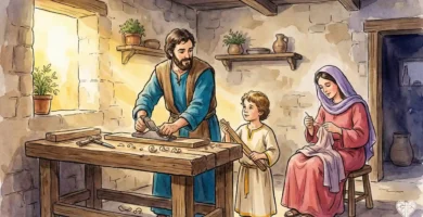 Pintura clásica de la Sagrada Familia en el taller de Nazaret: San José carpintero, la Virgen María y el Niño Jesús en un ambiente de paz y trabajo cotidiano. Modelo de santidad familiar