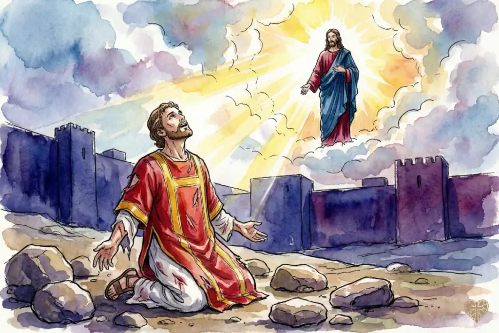 Martirio de San Esteban lapidado mientras tiene una visión de cielos abiertos y a Jesús a la derecha de Dios.