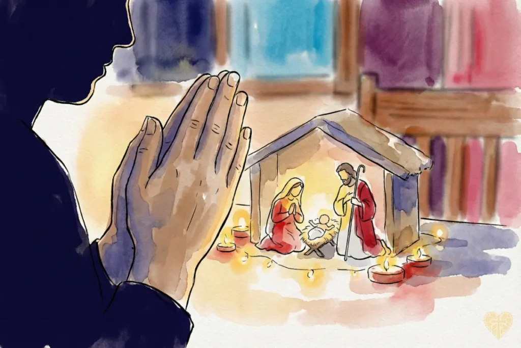 Persona rezando con devoción frente a un nacimiento navideño en el hogar acogiendo a Cristo en su corazón.
