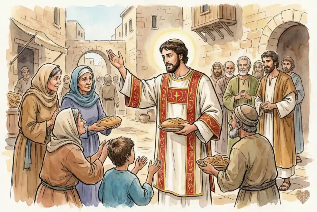 San Esteban diácono distribuyendo alimentos a las viudas pobres en Jerusalén mientras predica lleno del Espíritu Santo