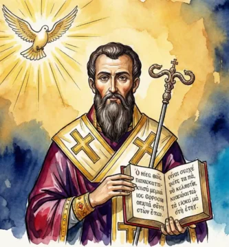 San Basilio Magno obispo de Cesarea y Doctor de la Iglesia defendiendo la fe católica