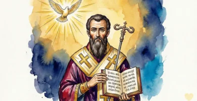 San Basilio Magno obispo de Cesarea y Doctor de la Iglesia defendiendo la fe católica