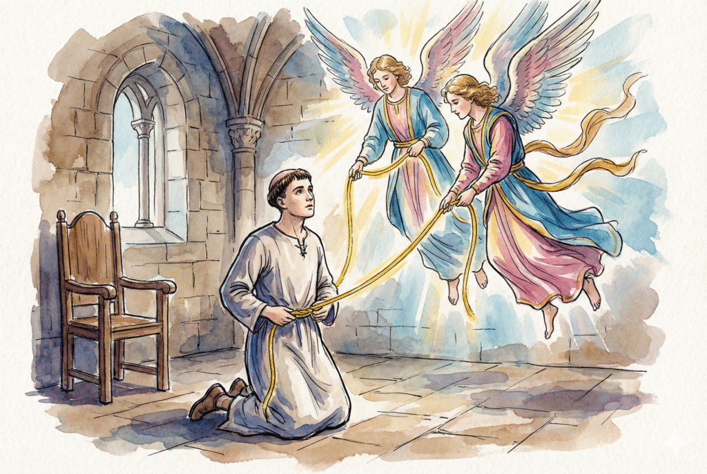 Visión de Santo Tomás de Aquino recibiendo el cordón de castidad de los ángeles