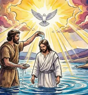 El Bautismo del Señor en el río Jordán con el Espíritu Santo descendiendo y la presencia de la Trinidad