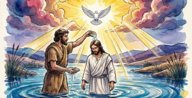El Bautismo del Señor en el río Jordán con el Espíritu Santo descendiendo y la presencia de la Trinidad