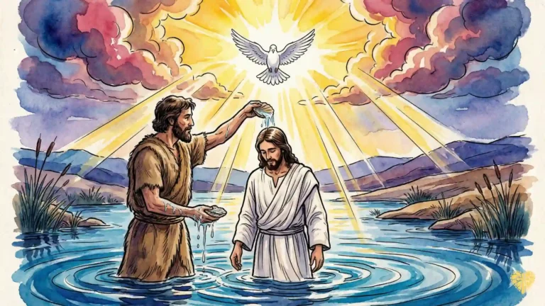 El Bautismo del Señor en el río Jordán con el Espíritu Santo descendiendo y la presencia de la Trinidad