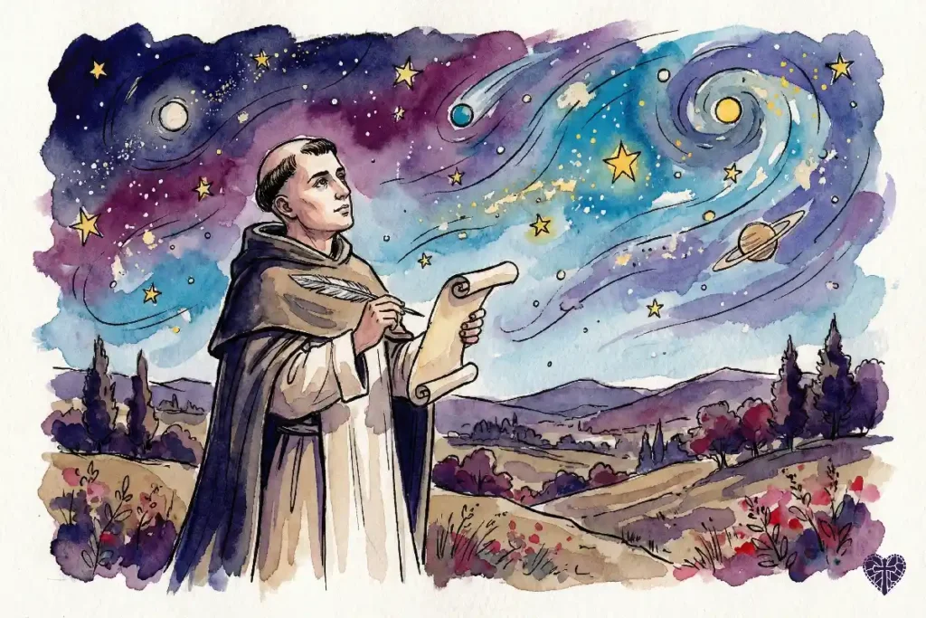Santo Tomás contemplando la creación para formular las 5 vías de la existencia de Dios