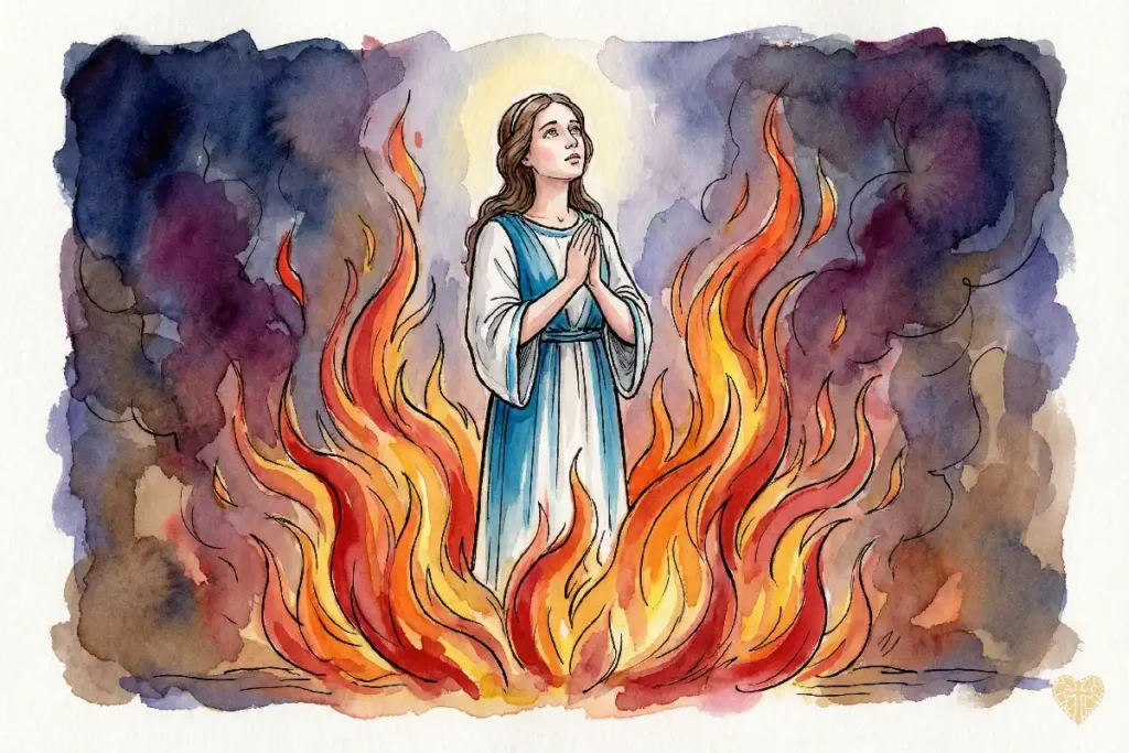 Milagro de Santa Inés en la hoguera, donde las llamas se apartan de su cuerpo
