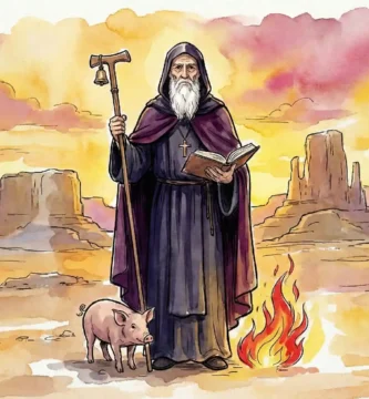 San Antonio Abad, padre del monacato cristiano, con sus atributos: cruz tau, cerdo y fuego