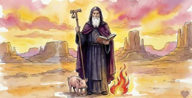 San Antonio Abad, padre del monacato cristiano, con sus atributos: cruz tau, cerdo y fuego