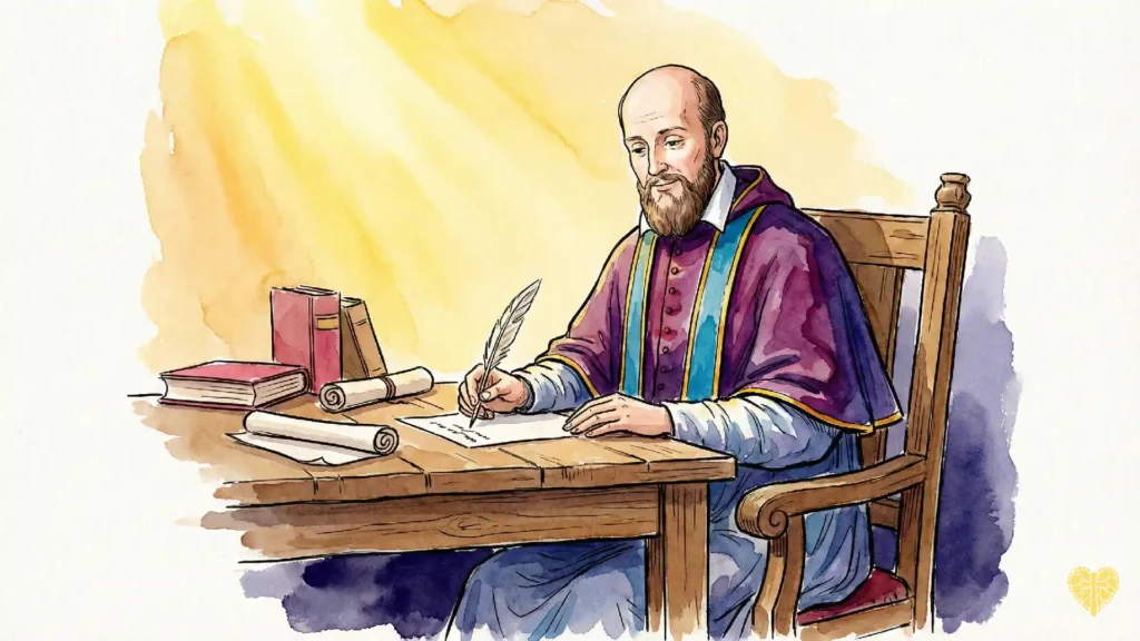 Ilustración de San Francisco de Sales escribiendo, santo patrono de periodistas y escritores católicos.