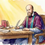 Ilustración de San Francisco de Sales escribiendo, santo patrono de periodistas y escritores católicos.