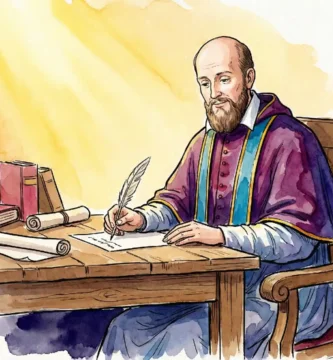 Ilustración de San Francisco de Sales escribiendo, santo patrono de periodistas y escritores católicos.