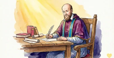 Ilustración de San Francisco de Sales escribiendo, santo patrono de periodistas y escritores católicos.