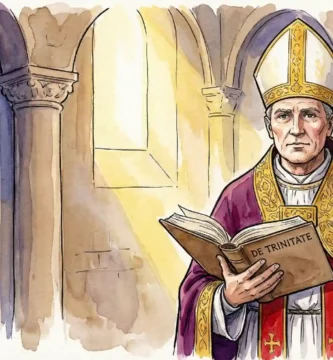 San Hilario de Poitiers Obispo y Doctor de la Iglesia sosteniendo su tratado sobre la Trinidad