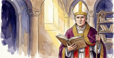 San Hilario de Poitiers Obispo y Doctor de la Iglesia sosteniendo su tratado sobre la Trinidad