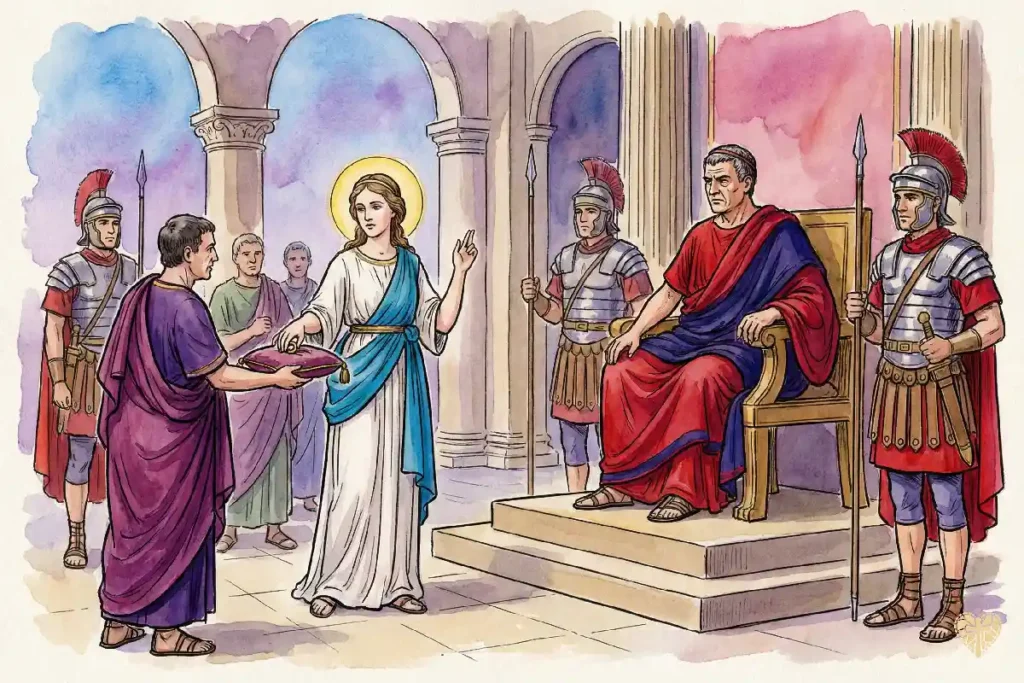 Representación artística de Santa Inés rechazando al hijo del Prefecto de Roma por fidelidad a Cristo