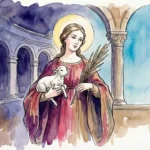 Ilustración en acuarela de Santa Inés virgen y mártir sosteniendo un cordero, símbolo de pureza y sacrificio cristiano