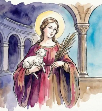 Ilustración en acuarela de Santa Inés virgen y mártir sosteniendo un cordero, símbolo de pureza y sacrificio cristiano