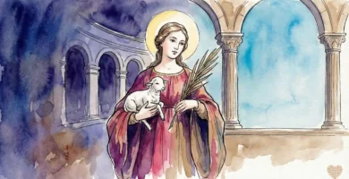 Ilustración en acuarela de Santa Inés virgen y mártir sosteniendo un cordero, símbolo de pureza y sacrificio cristiano