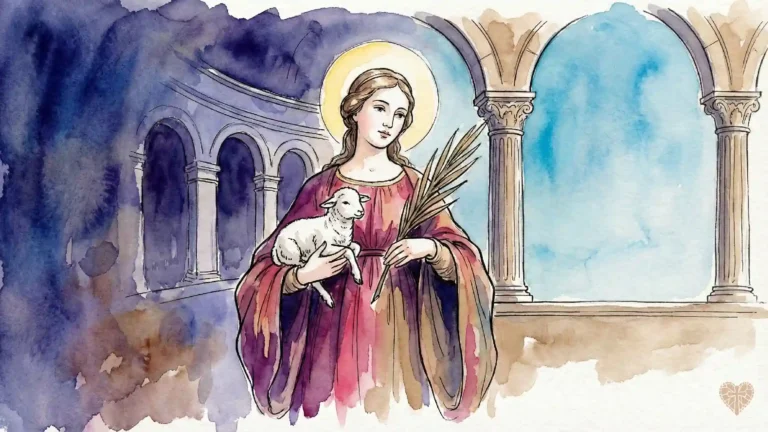 Ilustración en acuarela de Santa Inés virgen y mártir sosteniendo un cordero, símbolo de pureza y sacrificio cristiano