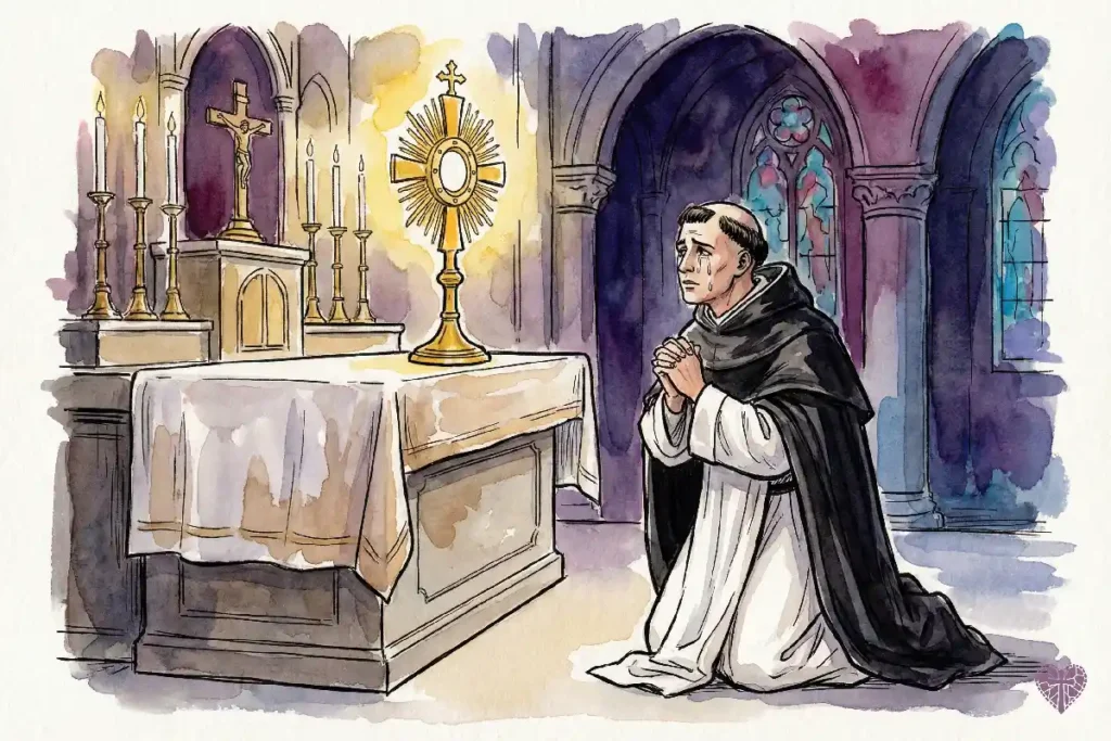 Santo Tomás de Aquino adorando el Santísimo Sacramento y componiendo himnos eucarísticos