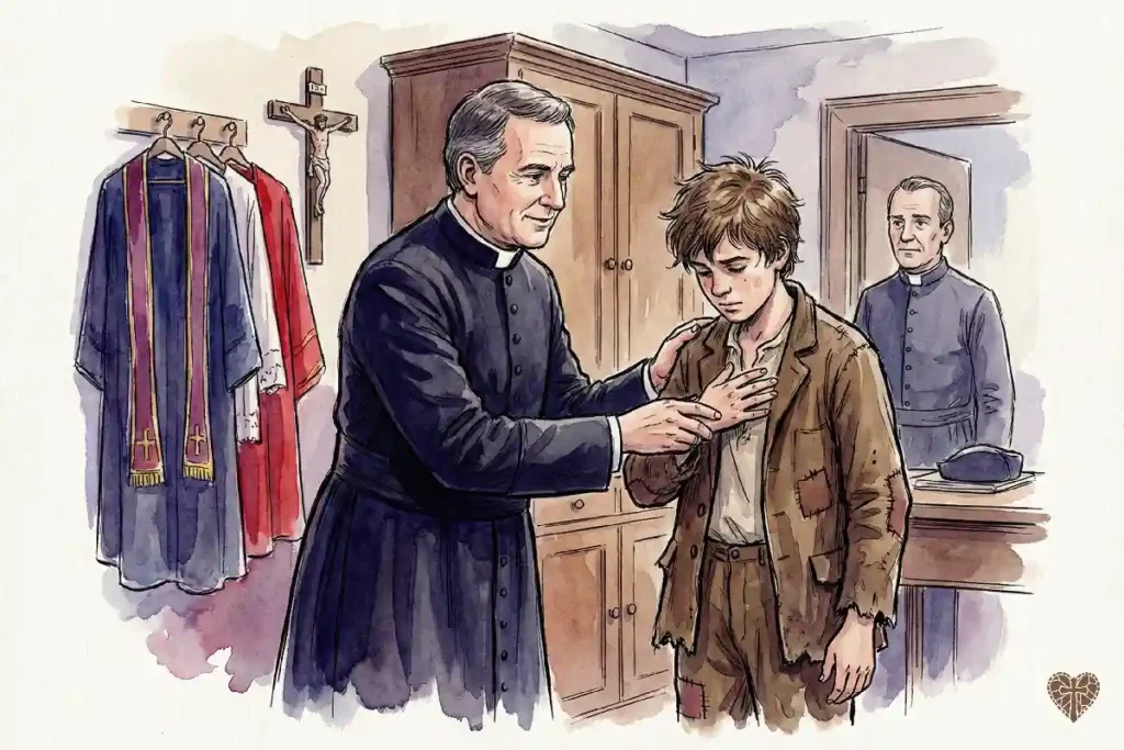 Don Bosco enseña el catecismo a Bartolomé Garelli en la sacristía de San Francisco de Asís