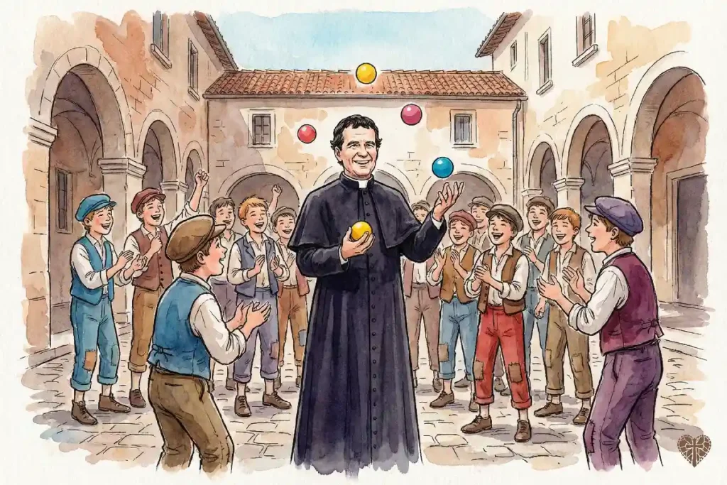 El patio del Oratorio Salesiano: Don Bosco jugando con los jóvenes con alegría