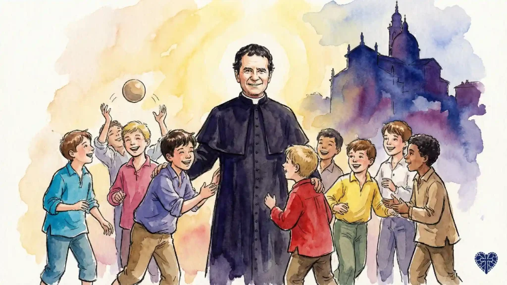Ilustración de San Juan Bosco, padre y maestro de la juventud, rodeado de niños en el oratorio de Turín