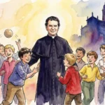 Ilustración de San Juan Bosco, padre y maestro de la juventud, rodeado de niños en el oratorio de Turín