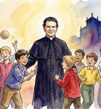 Ilustración de San Juan Bosco, padre y maestro de la juventud, rodeado de niños en el oratorio de Turín