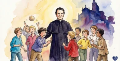 Ilustración de San Juan Bosco, padre y maestro de la juventud, rodeado de niños en el oratorio de Turín