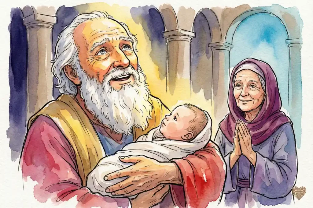 El anciano Simeón cargando al Niño Jesús y proclamando el Nunc Dimittis