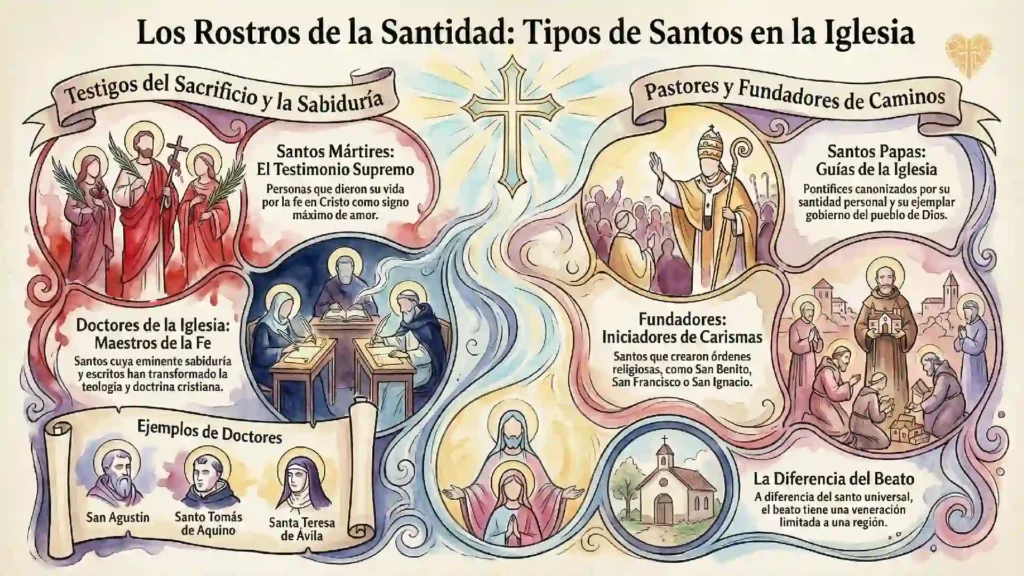 Símbolos de los tipos de santos: la palma del martirio, el libro de los doctores y la tiara papal
