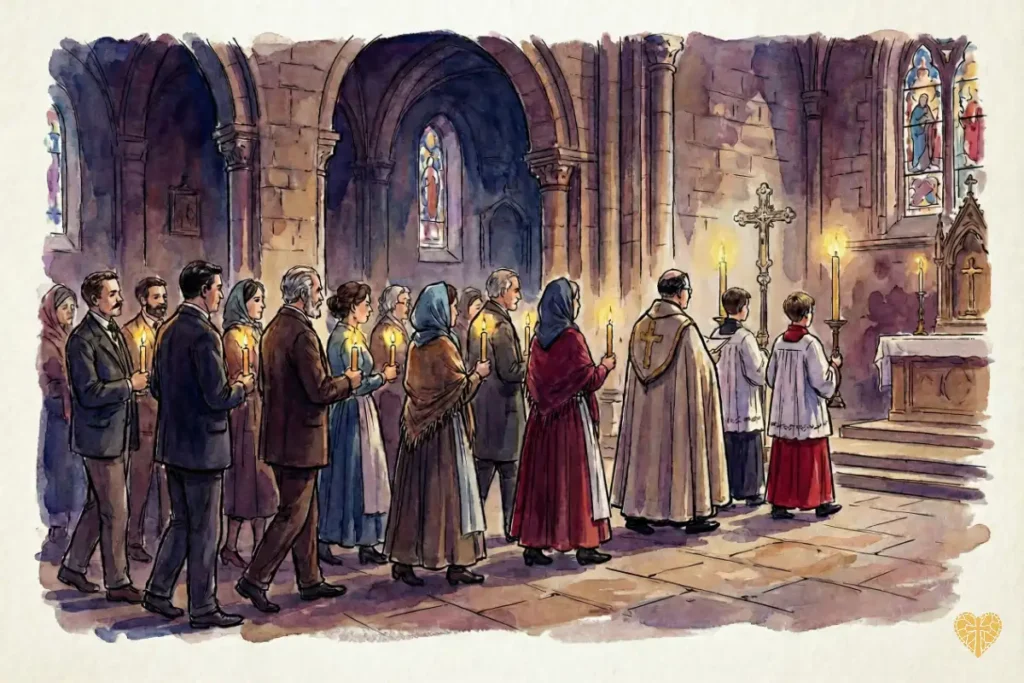 Velas encendidas en procesión por la fiesta de la Candelaria, símbolo de Cristo Luz