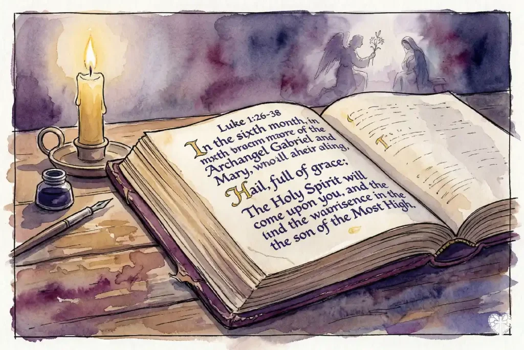 Pasaje bíblico de Lucas 1 26-38 sobre la Anunciación del Señor en una Biblia abierta