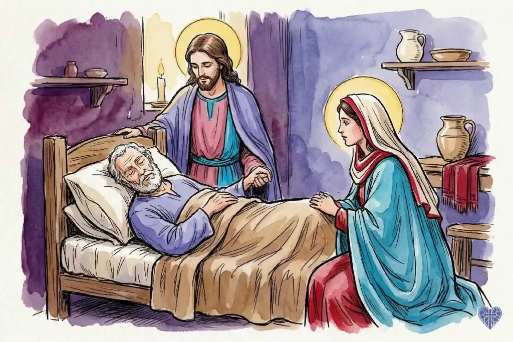 La buena muerte de San José asistido por Jesús y la Virgen María