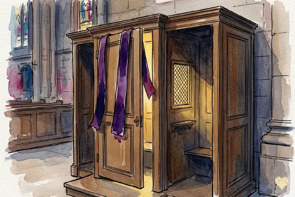 Confesionario con estola morada, invitando a la reconciliación el Miércoles Santo