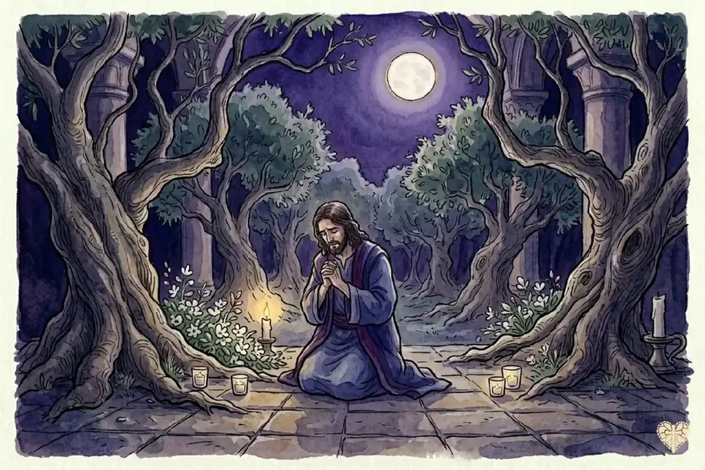 Jesús orando en el Huerto de Getsemaní la noche del Jueves Santo