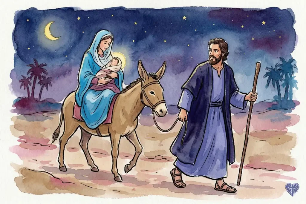 La huida a Egipto de la Sagrada Familia guiada por San José