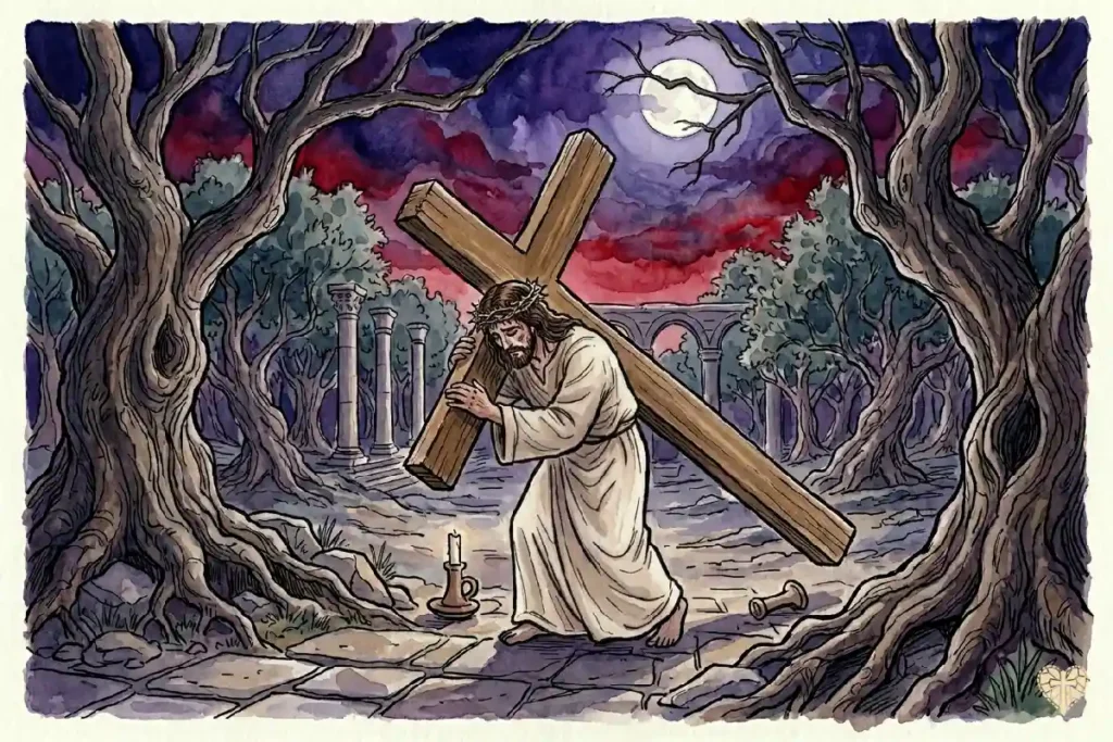 Jesús cargando la cruz camino al Calvario, estación del Vía Crucis de Viernes Santo