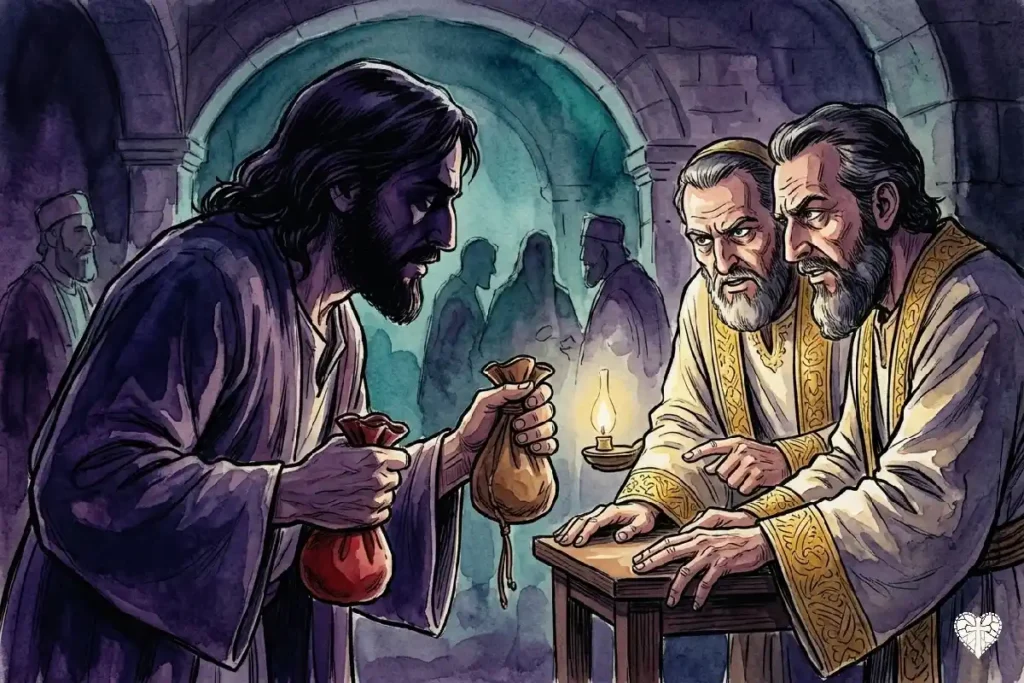 Judas Iscariote conspirando con los sumos sacerdotes el Miércoles Santo