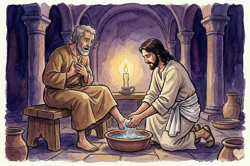 Jesús lavando los pies a San Pedro el Jueves Santo, ejemplo de humildad y servicio