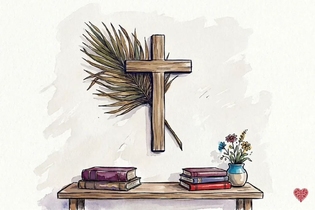 Palma bendita del Domingo de Ramos colocada junto a un crucifijo en el hogar