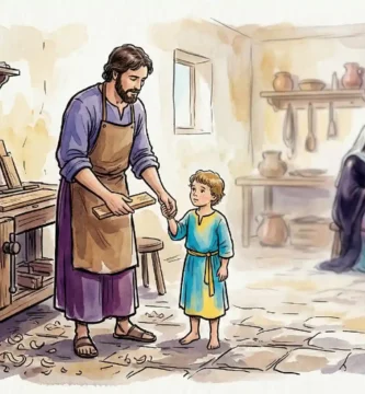 San José esposo de la Virgen María con el niño Jesús en el taller de Nazaret