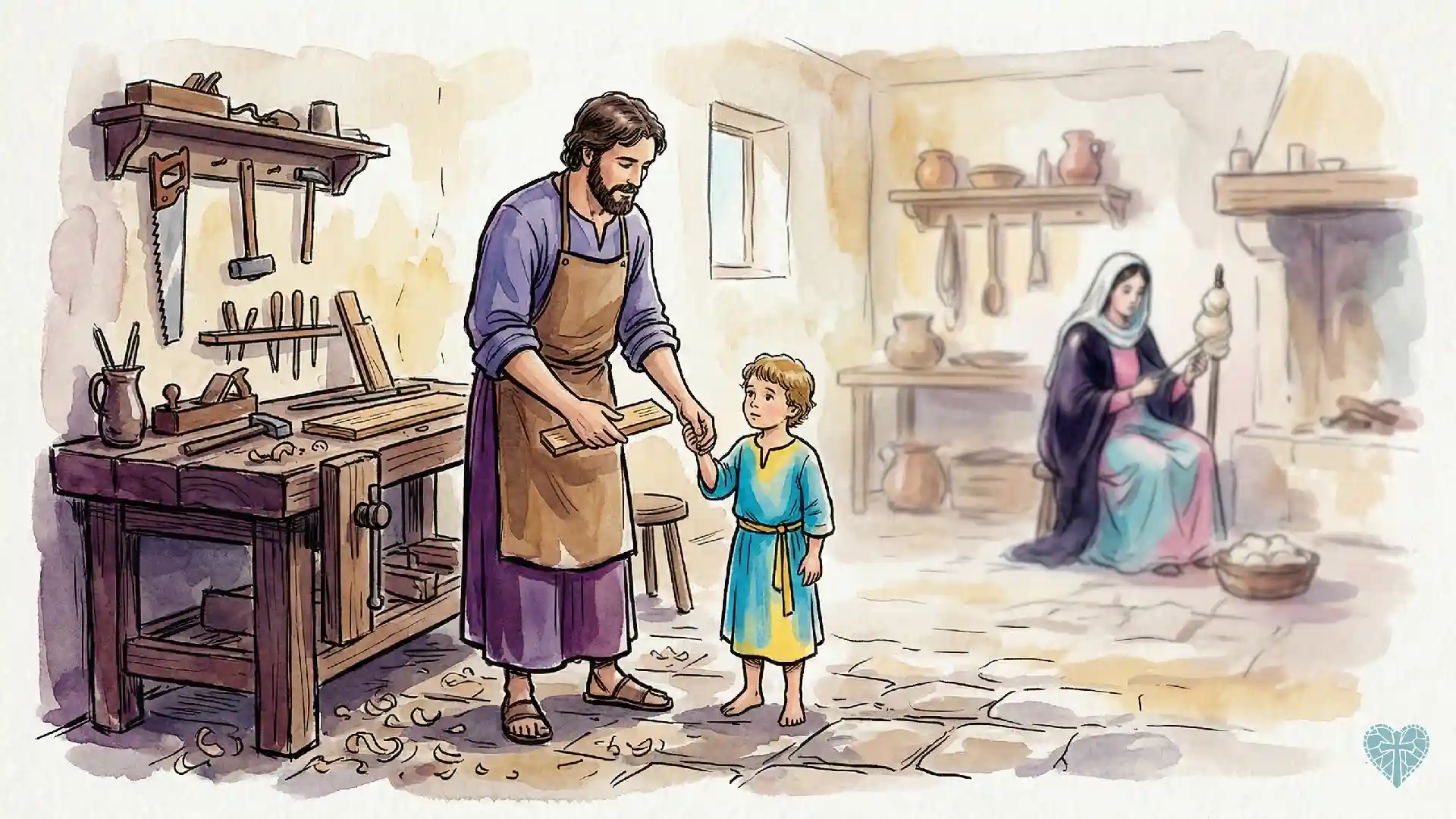 San José esposo de la Virgen María con el niño Jesús en el taller de Nazaret
