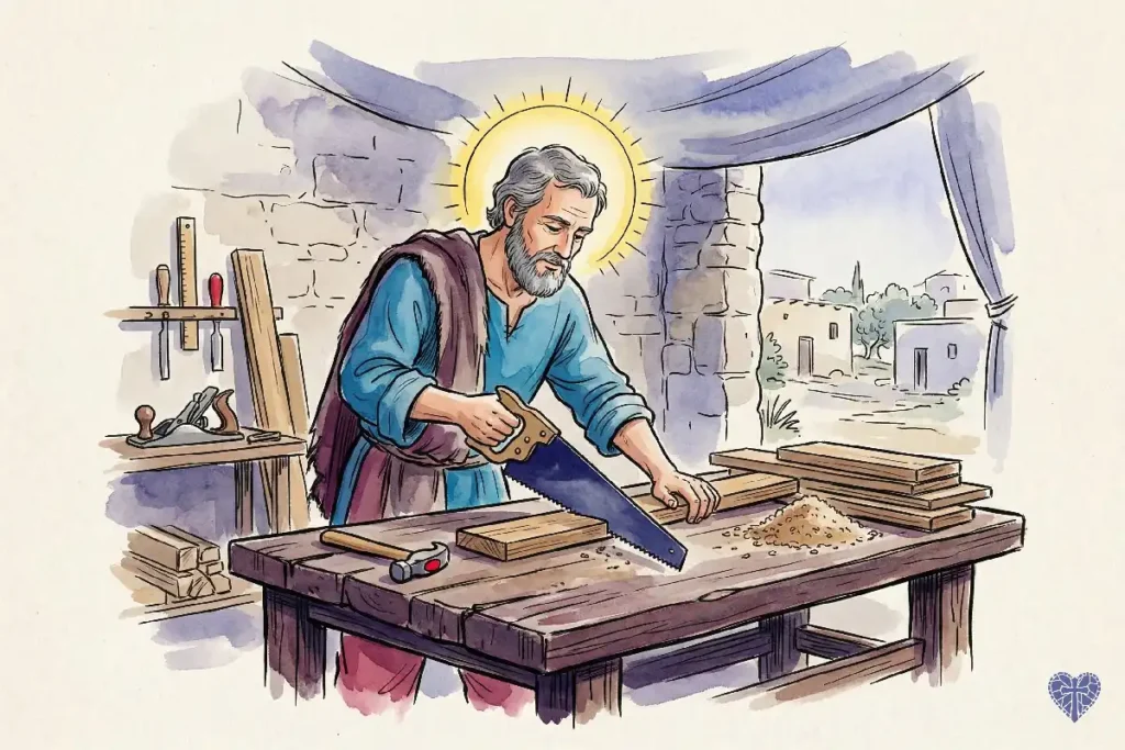 San José Obrero patrono de los trabajadores con herramientas de carpintería