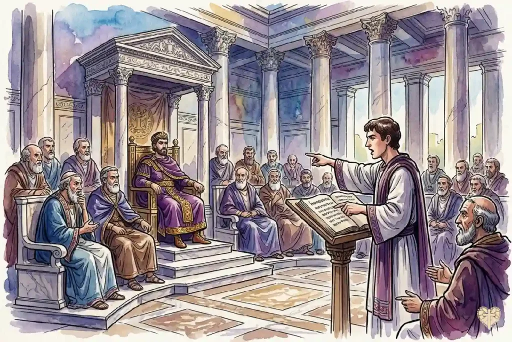 San Atanasio como diácono defendiendo la consustancialidad del Hijo en el Concilio de Nicea