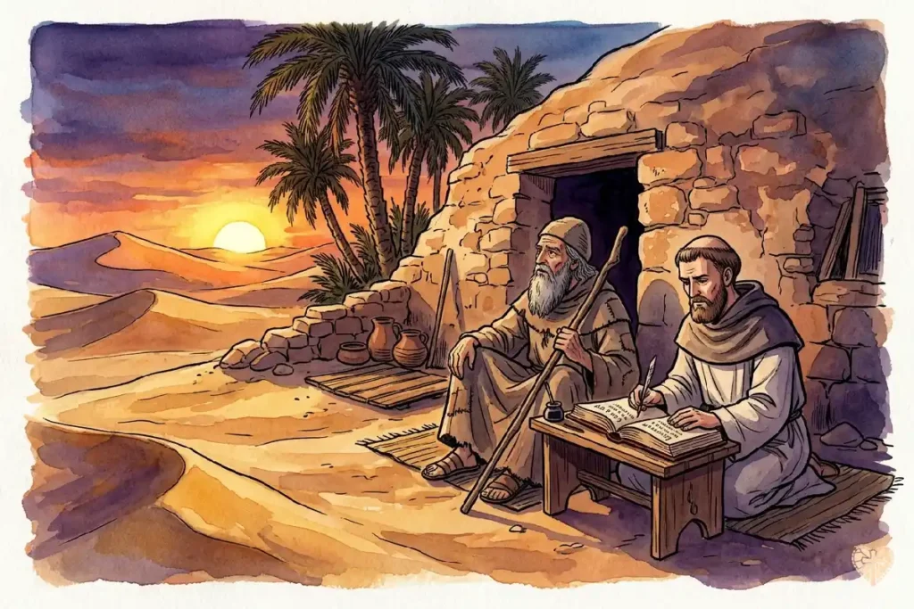 San Atanasio junto a San Antonio Abad en el desierto de Egipto, escribiendo su biografía